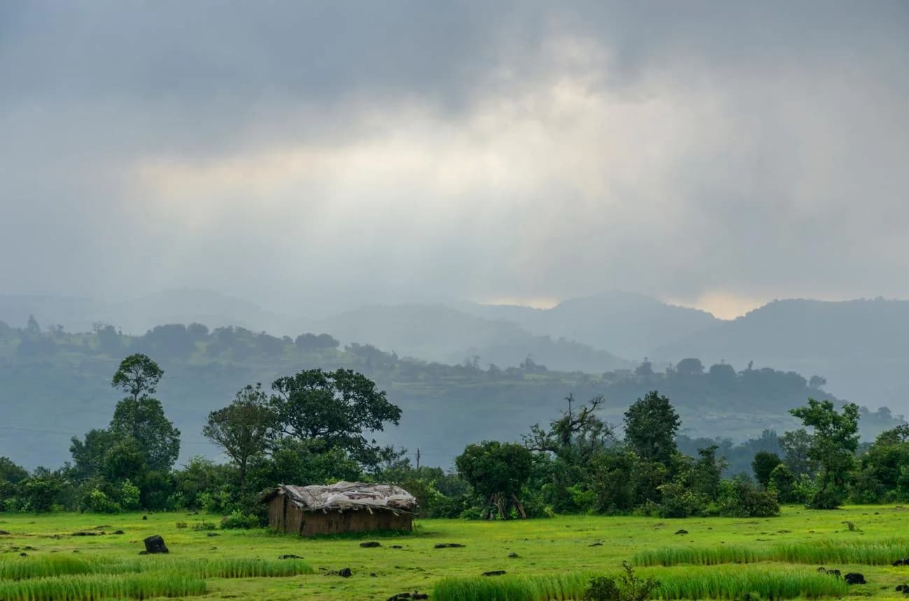 Proposed NA farmhouse plot with natural terrain and forest backdrop